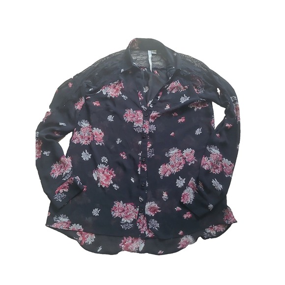 LC Lauren Conrad Tops - Lauren Conrad women's floral button top XS long‎ sleeve with lace accent black
